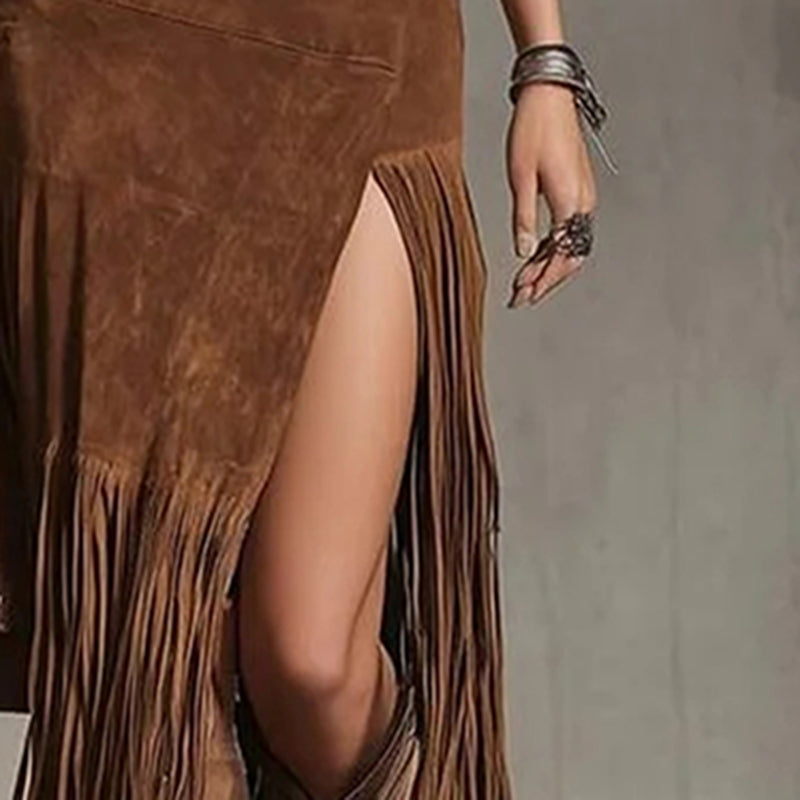 Western Boho High-Slit Fringe Maxi Skirt
