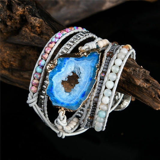 Blue Agate Stone Boho Bracelet Healing Crystal Multi-Layer
