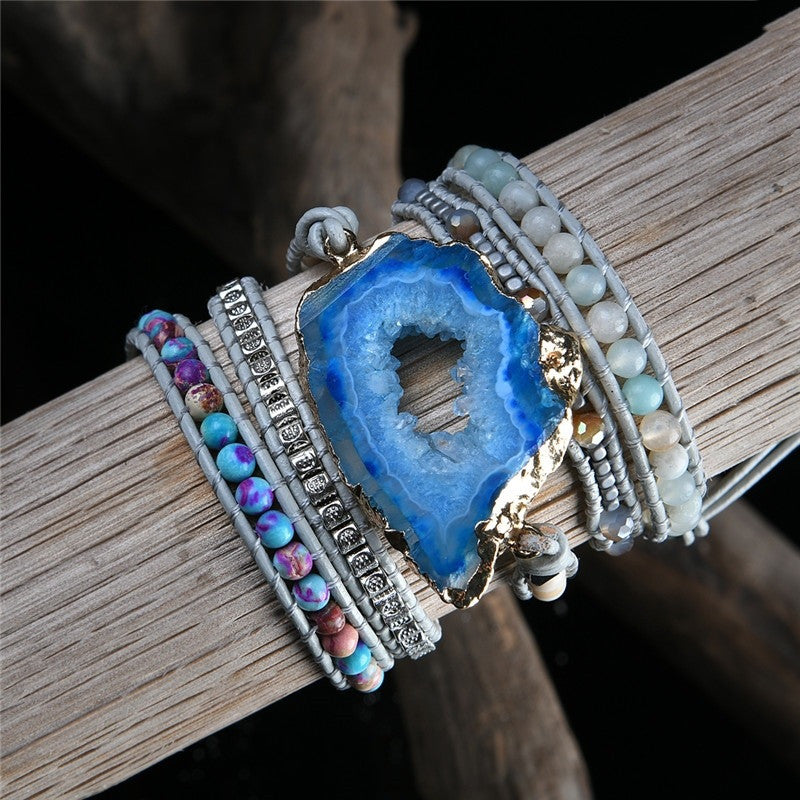 Blue Agate Stone Boho Bracelet Healing Crystal Multi-Layer