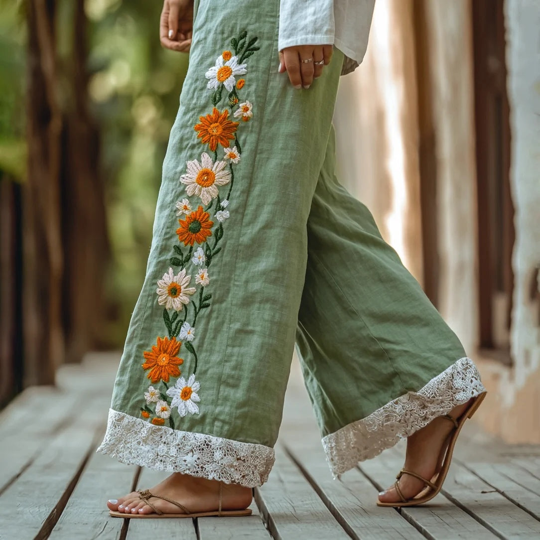 Boho Floral Embroidered Wide Leg Pants