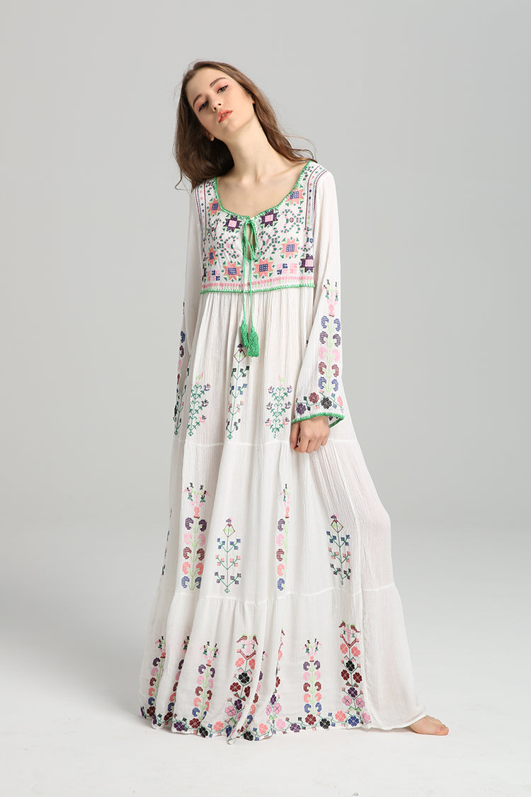 Boho Embroidered Tassel Maxi Dress
