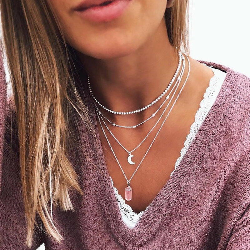 Boho Moon & Crystal Layered Necklace Set