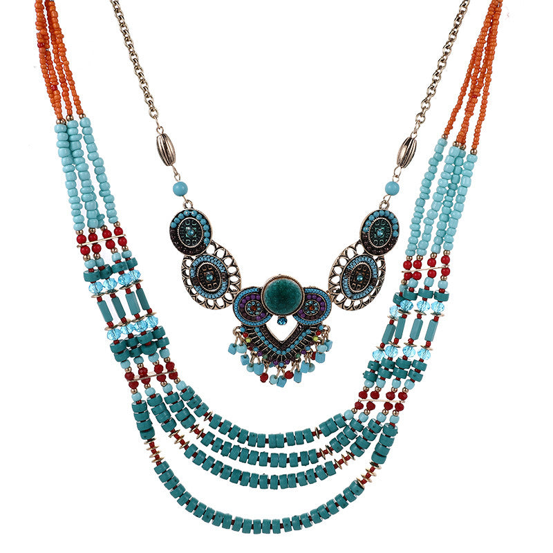 Turquoise Tribal Multi-Layer Boho Statement Necklace