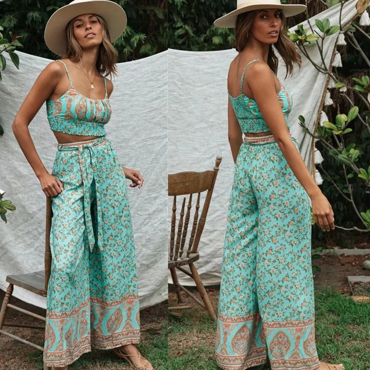 Boho Floral Crop Top & Wide-Leg Pants Set