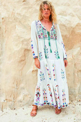 Boho Embroidered Tassel Maxi Dress