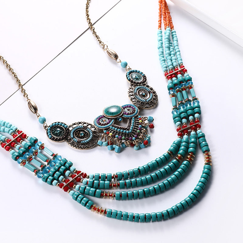 Turquoise Tribal Multi-Layer Boho Statement Necklace