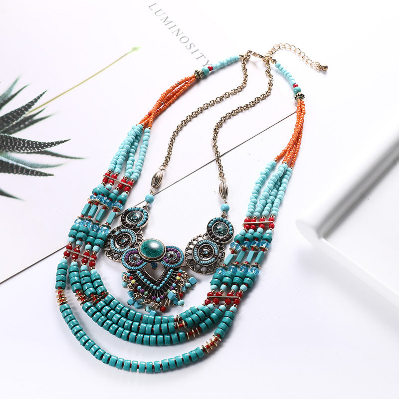 Turquoise Tribal Multi-Layer Boho Statement Necklace