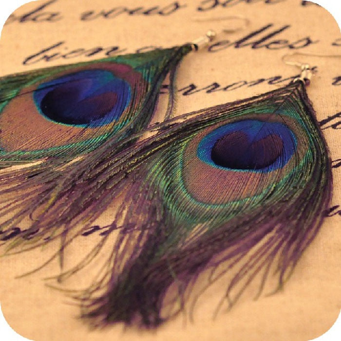 Boho Peacock Feather Dangle Earrings