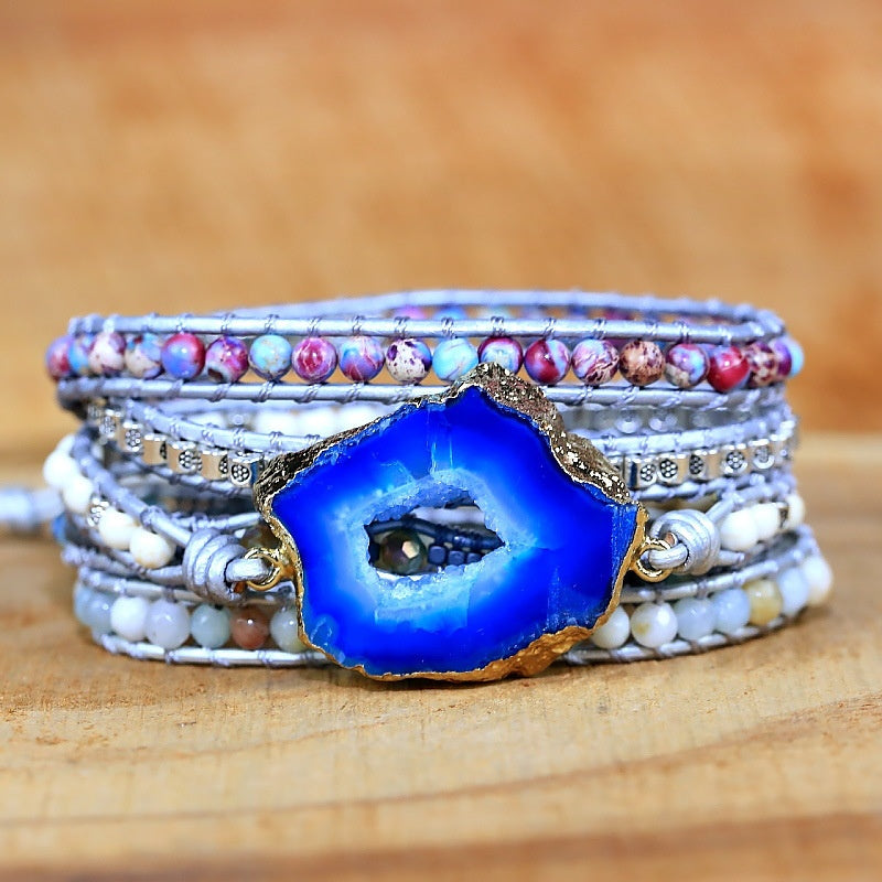 Blue Agate Stone Boho Bracelet Healing Crystal Multi-Layer