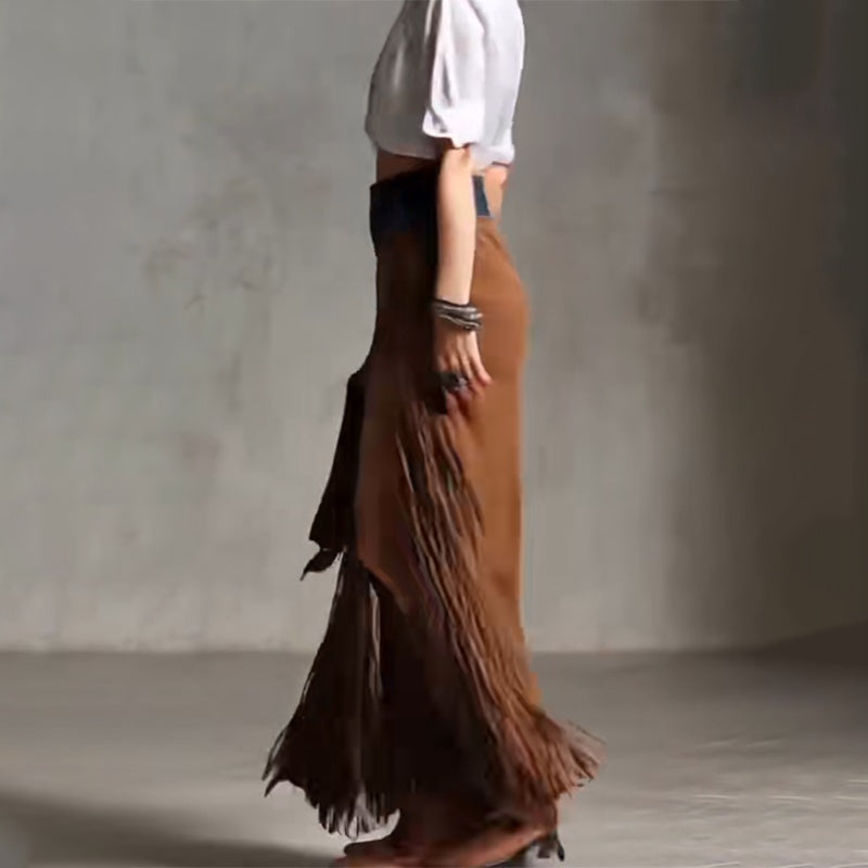 Western Boho High-Slit Fringe Maxi Skirt
