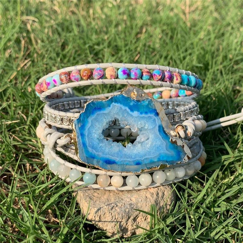 Blue Agate Stone Boho Bracelet Healing Crystal Multi-Layer
