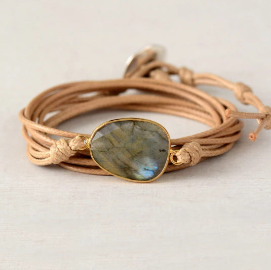 Boho Natural Labradorite Stone Leather Bracelet