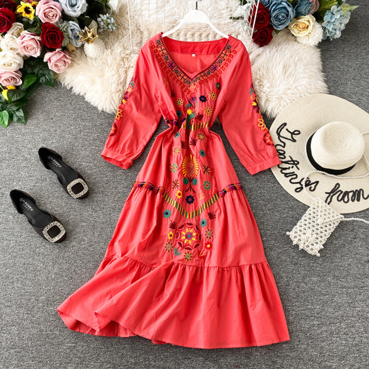 Boho Vintage Embroidered Midi Dress