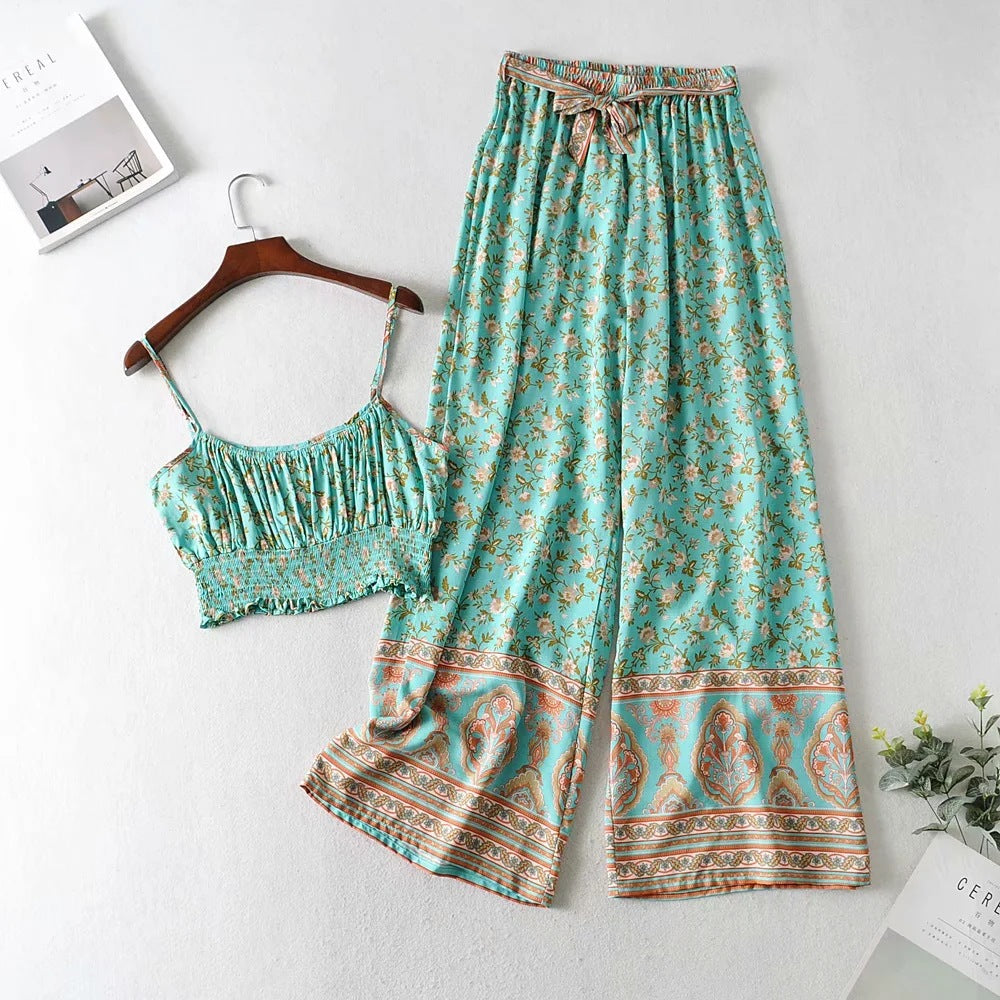 Boho Floral Crop Top & Wide-Leg Pants Set