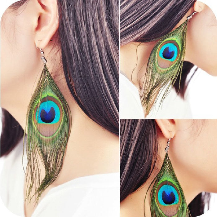 Boho Peacock Feather Dangle Earrings