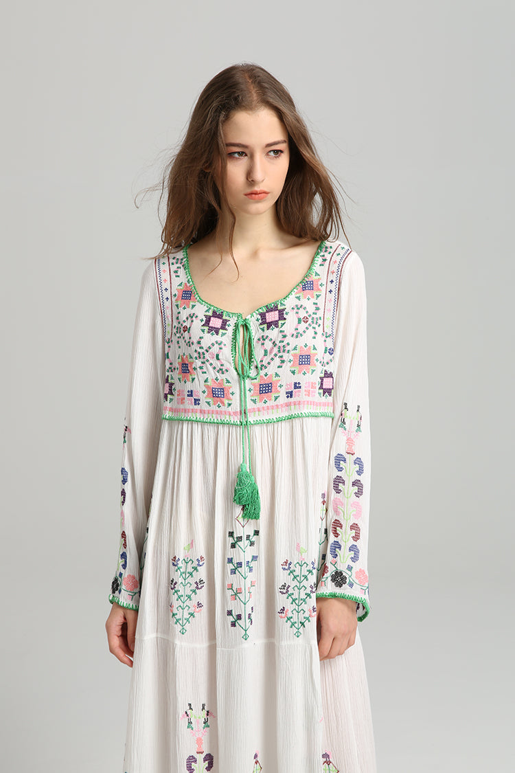 Boho Embroidered Tassel Maxi Dress