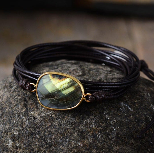 Boho Natural Labradorite Stone Leather Bracelet
