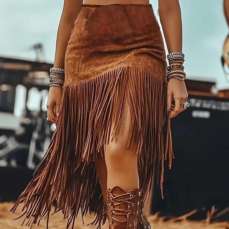 Vintage Western Fringe Suede Skirt