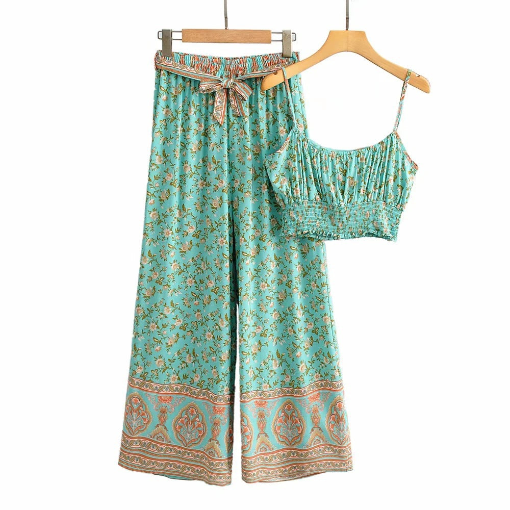 Boho Floral Crop Top & Wide-Leg Pants Set