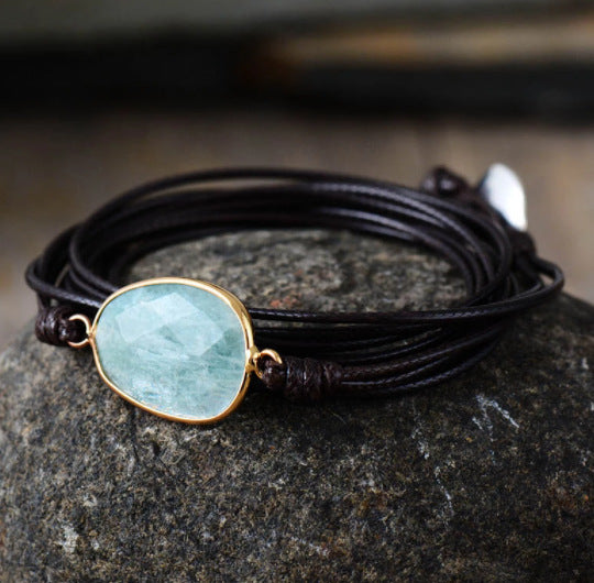 Boho Natural Labradorite Stone Leather Bracelet