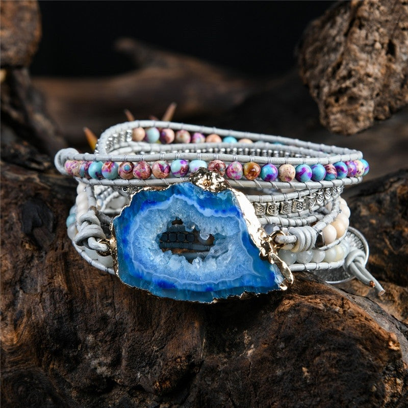 Blue Agate Stone Boho Bracelet Healing Crystal Multi-Layer
