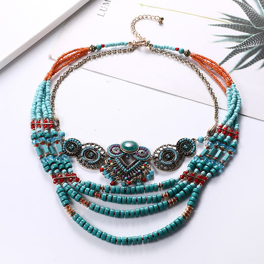 Turquoise Tribal Multi-Layer Boho Statement Necklace