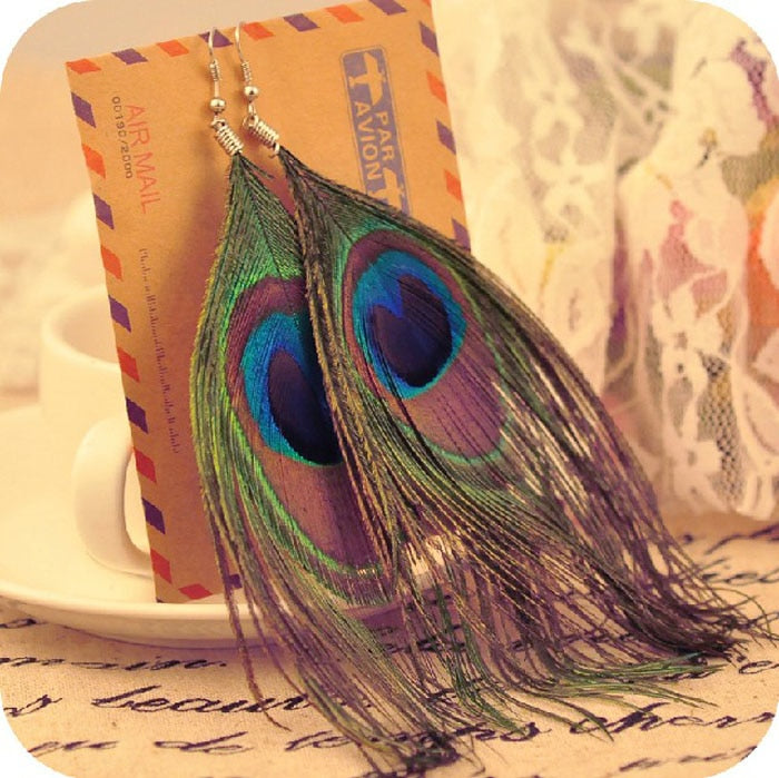Boho Peacock Feather Dangle Earrings