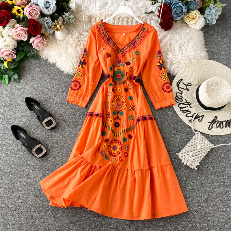 Boho Vintage Embroidered Midi Dress