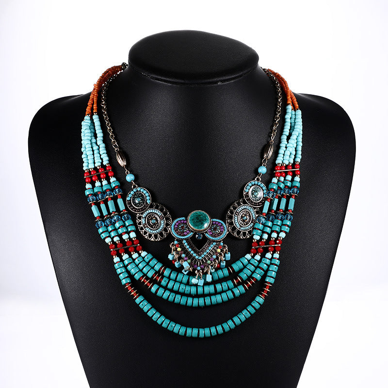 Turquoise Tribal Multi-Layer Boho Statement Necklace