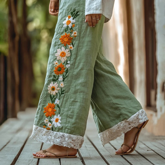 Boho Floral Embroidered Wide Leg Pants
