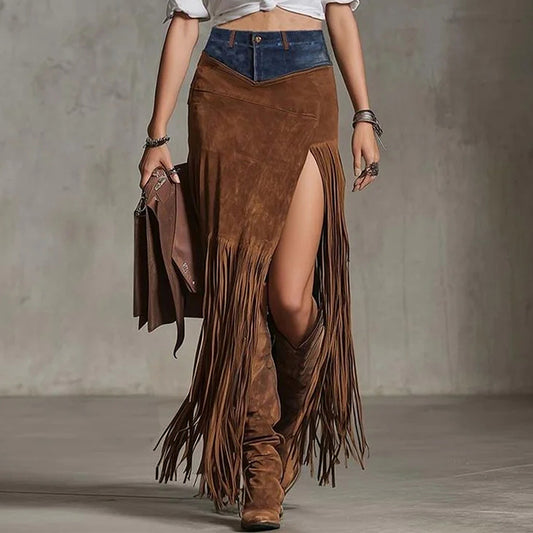 Western Boho High-Slit Fringe Maxi Skirt