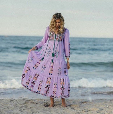 Boho Embroidered Tassel Maxi Dress