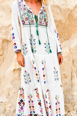 Boho Embroidered Tassel Maxi Dress